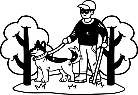 black and white illustration of The dog is guiding a blind man