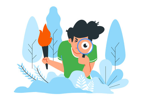 Page not found 404 illustration with man holding magnifying glass and torch searching, vector concept for missing page and error state