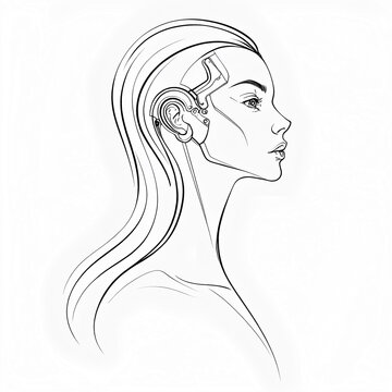 silohuette minimalista del profilo di una donna con impianti cibernetici su occhi e orecchie, minimalist silhouette of a woman's profile with cybernetic implants on eyes and ears