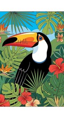 Obraz premium Colorful Toucan Bird Tropical Jungle Foliage.