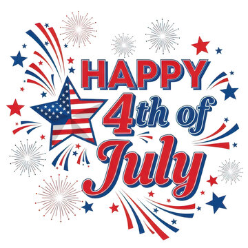 Happy 4th of july greeting with american flag star and fireworks isolated on transparent background