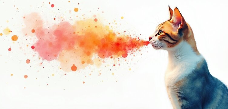 Abstract cat exhales vibrant colorful watercolor splashes. Creative digital artwork sparks imagination and inspiration. Perfect for whimsical or fantasy themed designs.