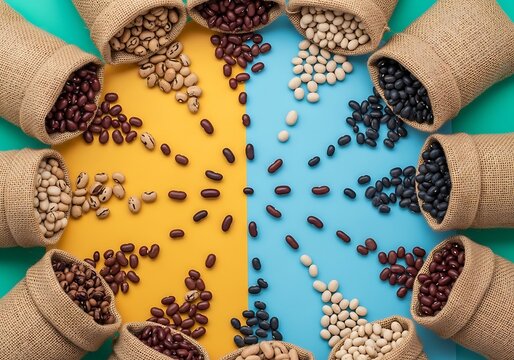 Variety of beans in burlap sacks on colorful background