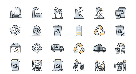 Fototapeta premium Detailed collection of industrial pollution icons and waste management symbols including recycling bins and disposal trucks.