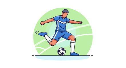 Fototapeta premium Man kicks football ball on green field in daytime stadium