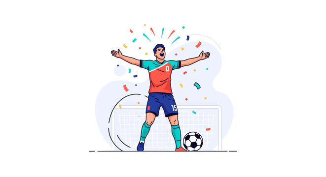 Man celebrating football victory with arms outstretched on field with ball