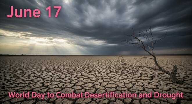 desert drought landscape with dry cracked earth and bare tree under stormy sky on world day to combat desertification and drought june 17