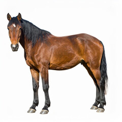 Obraz premium Bay horse standing calmly, isolated on white background for equine, farm and animal concepts