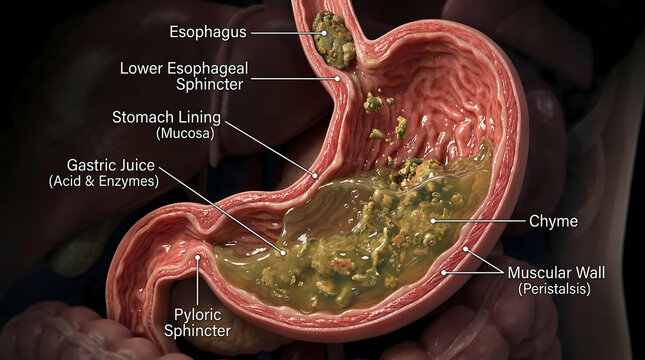 3D Medical Illustration of Stomach Digestive Process: Chemical Digestion, Pepsin Protein Breakdown and Gastric Peristalsis.