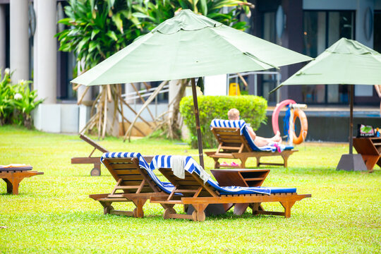 Luxury tropical resort relaxation area with wooden sun loungers and umbrellas on a green lawn near a swimming pool. Calm and peaceful atmosphere, summer vacation, travel and tourism concept.