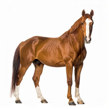 Bay horse standing calmly, isolated on white background for equine, farm and animal concepts