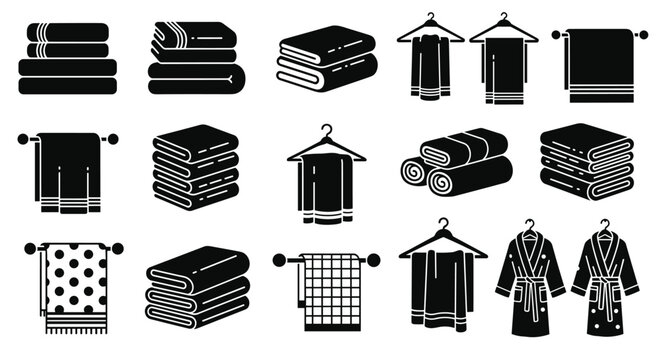 Collection of black silhouette icons representing various types of folded towels bathrobes and hanging bathroom linens.