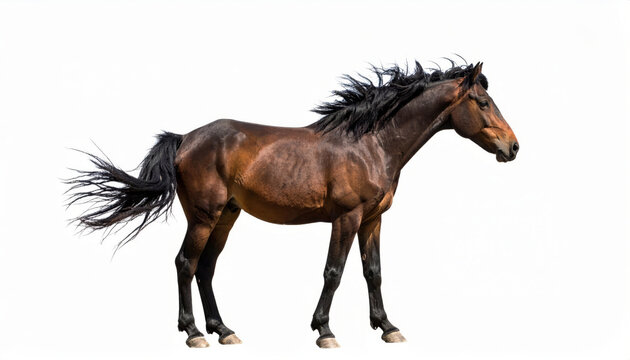 Bay horse standing calmly, isolated on white background for equine, farm and animal concepts