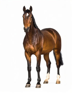 Bay horse standing calmly, isolated on white background for equine, farm and animal concepts