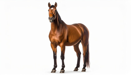 Obraz premium Bay horse standing calmly, isolated on white background for equine, farm and animal concepts