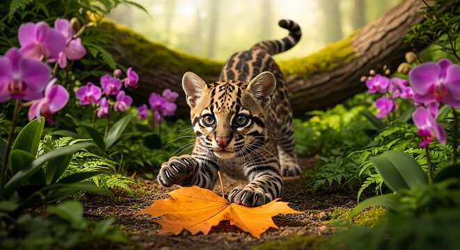 Playful Young Ocelot Cub Pouncing on a Leaf in a Lush Jungle