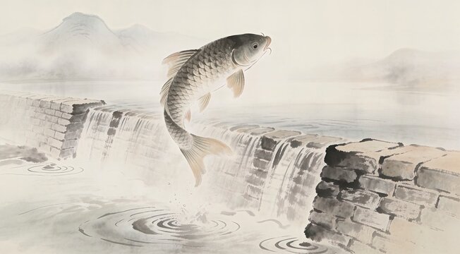 Traditional Chinese ink painting of a carp jumping over a waterfall dam