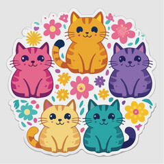 Obraz premium Cute Kawaii Cats and Flowers Sticker Design