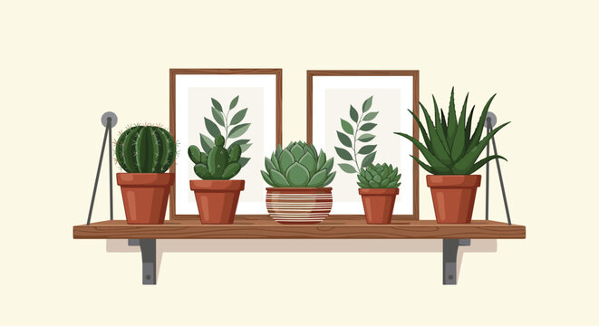Minimalist interior design featuring a wooden shelf with several varieties of potted cactus and succulent plants against a clean cream background.