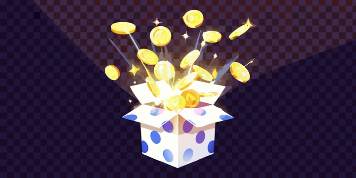 Open gift box with falling gold coins polka dot pattern