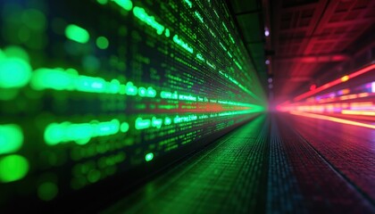 Fototapeta premium Digital stream of green neon code flows through futuristic tunnel with red light trails. Data network tunnel with abstract binary information glow. Cybersecurity and tech concept.