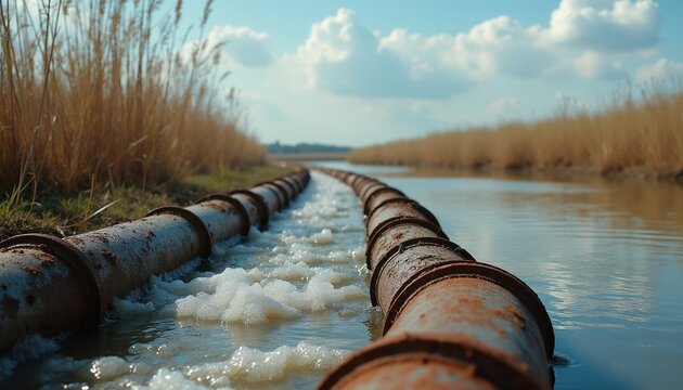 Rusty pipes discharge foamy effluent into calm waterway. Reeds line water edge under cloudy sky. Industrial discharge pollutes rural river system.