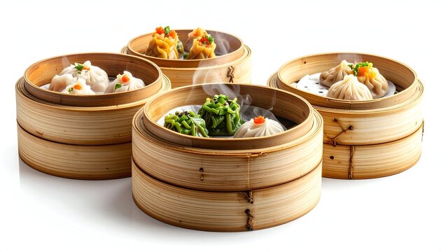 Authentic traditional Asian food photography of multiple round wooden bamboo steamers filled with delicious hot fresh dim sum.