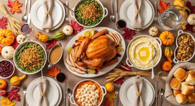 Traditional Thanksgiving dinner table with roasted turkey, festive holiday feast with autumn decorations, overhead view of family celebration meal