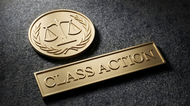 Golden scale of justice medallion and Class Action plaque on a dark background representing legal concepts