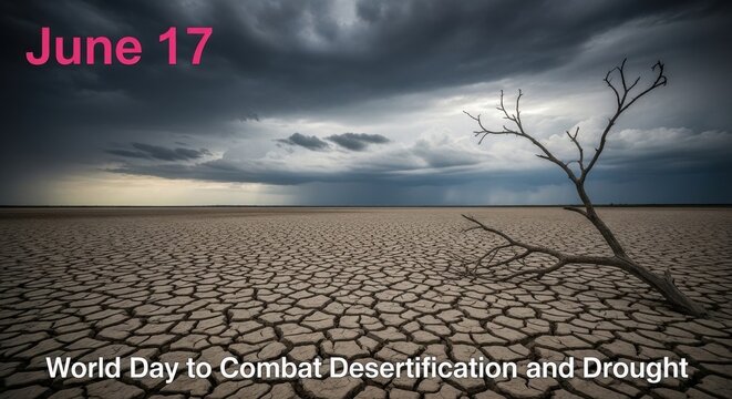 desert landscape with dry cracked earth and bare tree under stormy sky on world day to combat desertification and drought