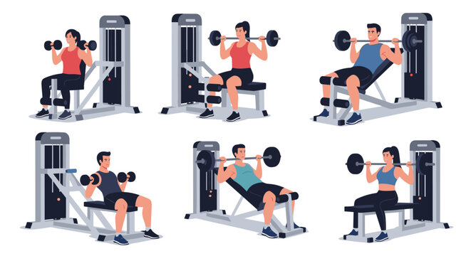Group of men and women performing strength training exercises on various gym machines and with free weights for fitness and bodybuilding goals.