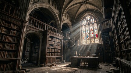 Fototapeta premium Whispers of Lore: An evocative library bathed in ethereal light, revealing centuries of knowledge and stories within its ancient walls.