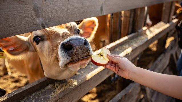 Cow reaching for apple through wooden fence, interaction between human and animal, feeding farm livestock, rural lifestyle, agriculture experience, playful cow, children enjoying farm visit