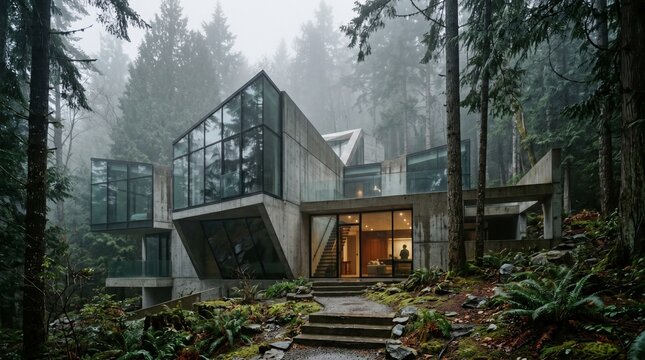 Modern Abode Amidst Serenity: A contemporary architectural marvel nestles harmoniously within a verdant, misty forest, its design reflecting both innovation and a deep connection to the natural world.