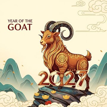 Chinese New Year 2027 Greeting Card Year of the Goat Traditional Red Gold Invitation Design