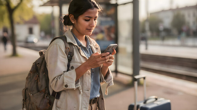 Woman standing at train station looking at her phone, female traveler using mobile app for navigation or communication in urban terminal