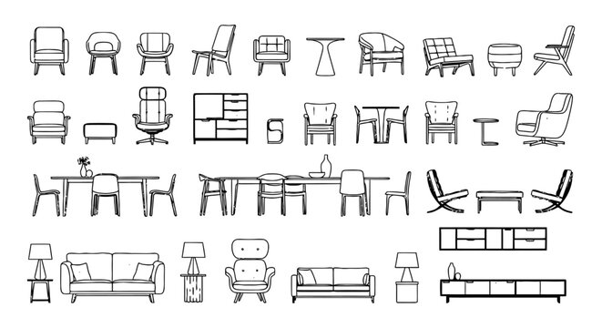 Architectural Furniture Collection with AutoCAD 2D CAD Blocks, Featuring Sofa and Couch Elevations, Chairs and Tables for Interior Design and Technical Blueprint