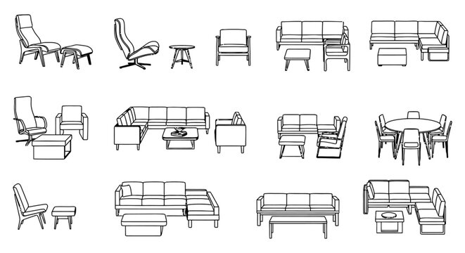 Professional Architectural Furniture CAD Block Library featuring 2D CAD Sofa and Couch Vector Icons for Floor Plans, Technical Blueprints, and Interior Design Projects.