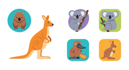 Cute Australian Animals Set: Kangaroo, Koala, Wombat, Platypus Icons © selang