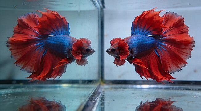 Majestic Red and Blue Siamese Fighting Fish Flaring at Reflection in Glass Aquarium Tank