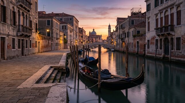 Venice's Serene Canal at Sunset: A picturesque canal in Venice, Italy, reflecting the soft hues of the sunset. Elegant buildings line the waterway, and a gondola gently bobs in the tranquil water.