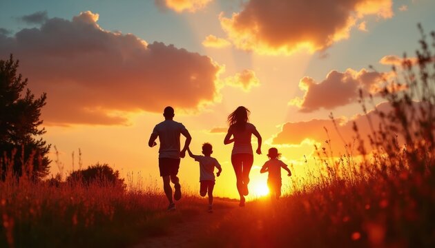 Family silhouettes run towards sunset light on a grassy path. Parents and kids enjoy evening outdoor activity. Parents hold hands, children run ahead. Healthy lifestyle, active vacation fun.