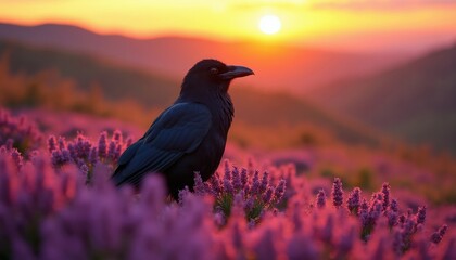 Obraz premium Black raven bird sits in purple heather field during golden sunset. Misty mountains and warm sky create magical natural backdrop. Bird watches horizon during dusk.