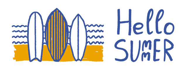 Hand drawn doodle hello summer greeting illustration with three surfboards on a sandy beach against wavy ocean water. Travel graphic design © Aliaksandra