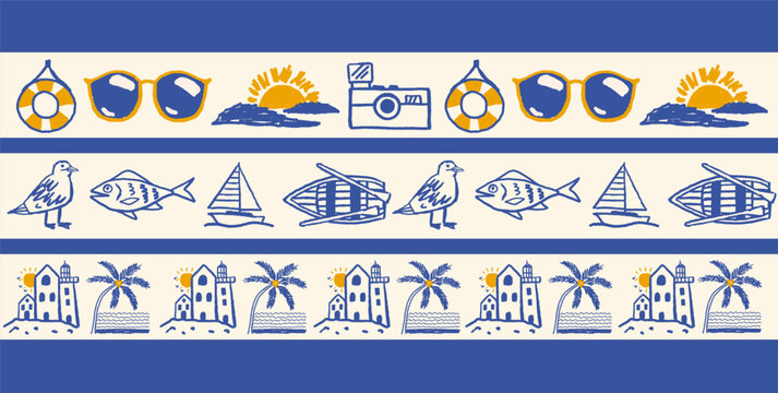 Hand drawn doodle  summer beach and coastal seamless border pattern set. Nautical elements with boat, gull, camera, lighthouse and palm tree in blue and yellow colors