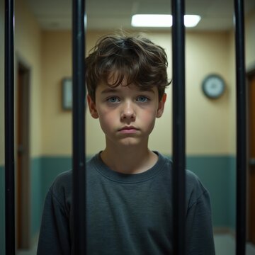 Young boy behind bars in juvenile detention. Sad expression, troubled youth faces legal consequences. Adolescence challenges, potential for rehabilitation and reform programs.