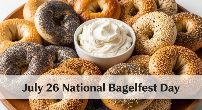Assorted bagels with cream cheese on a plate for National Bagelfest Day