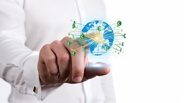 Close Up of Person in White Shirt Touching Glowing Blue Earth Globe Digital Interface on White Background Concept for Global Communication Technology
