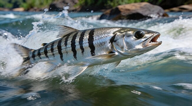 Tigerfish jumping from river water with splash action in nature wild animal photography