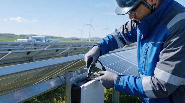 Engineer installing solar inverter at renewable energy farm with wind turbines in background, sustainable power infrastructure development featuring skilled technician working on